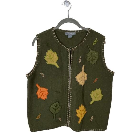 Wool Sweater Vest Fall Leaves Women Vintage Size Medium Has Hole Green Autumn - Picture 2 of 16